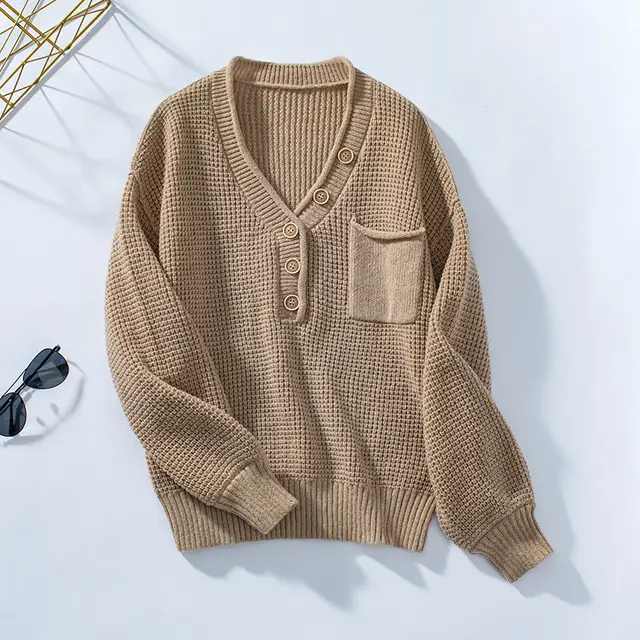 V neck Buttons Solid Color Sweater For Women Khaki - Shop at LoveMi