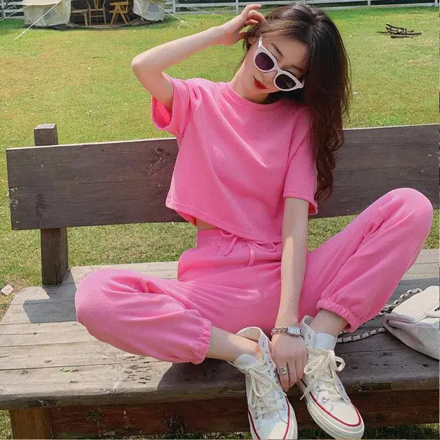 Korean Sweet Girl Sports Loose Slimming And Short T shirt Ankle length Pants Two piece Set Pink - Shop at LoveMi