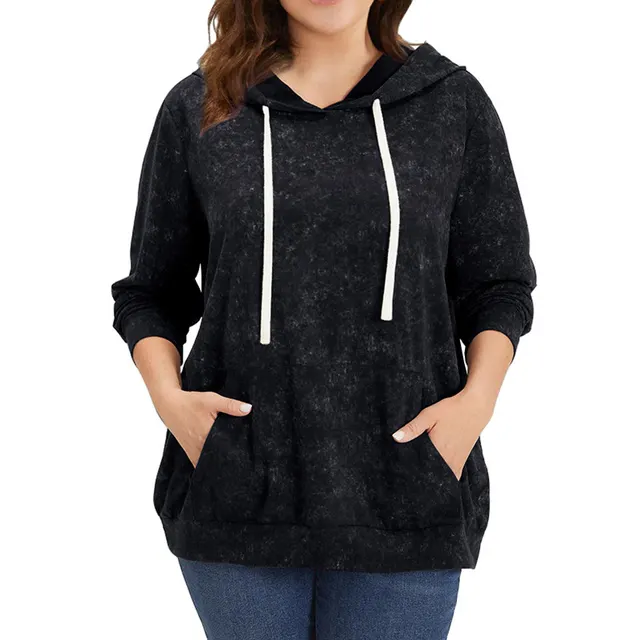 Plus Size Women's Hooded Pullover Loose Printed Long sleeved Dye Top Black - Shop at LoveMi