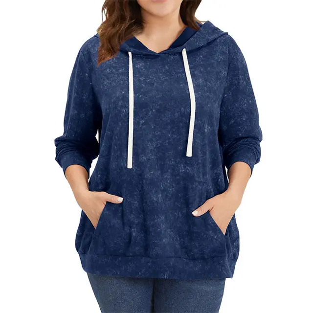 Plus Size Women's Hooded Pullover Loose Printed Long sleeved Dye Top Blue - Shop at LoveMi