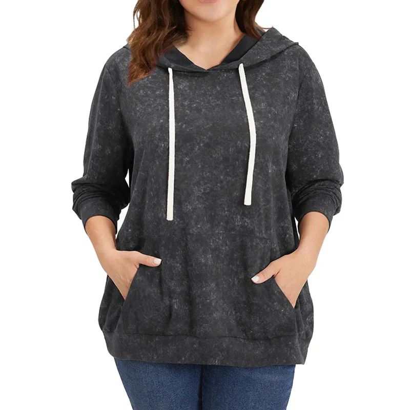 Plus Size Women's Hooded Pullover Loose Printed Long sleeved Dye Top Gray - Shop at LoveMi