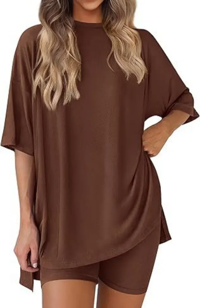 New Loose Fashion Solid Color Casual Two piece Suit Dark Brown - Shop at LoveMi