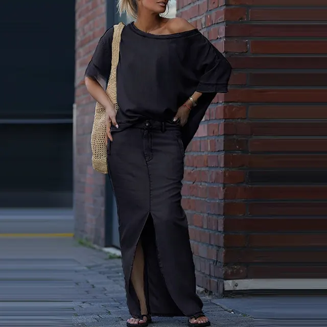 Two piece Skirt Suits Fashion Loose Bat sleeved Short Sleeve Top And Slim Fit Slit Maxi Skirt Patchwork Chic Outfit Women's Clothing Black - Shop at LoveMi
