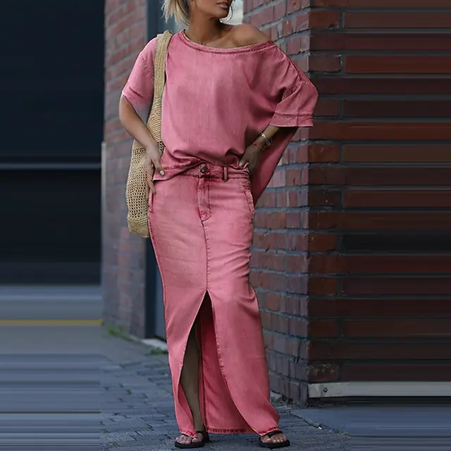 Two piece Skirt Suits Fashion Loose Bat sleeved Short Sleeve Top And Slim Fit Slit Maxi Skirt Patchwork Chic Outfit Women's Clothing Pink - Shop at LoveMi