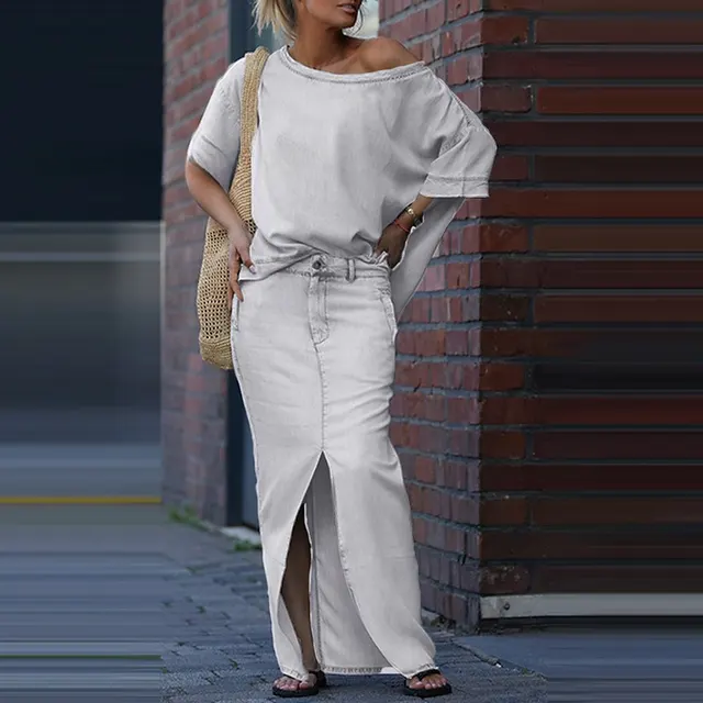 Two piece Skirt Suits Fashion Loose Bat sleeved Short Sleeve Top And Slim Fit Slit Maxi Skirt Patchwork Chic Outfit Women's Clothing White - Shop at LoveMi