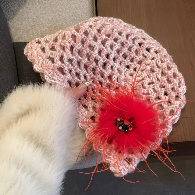 French Retro Black Feather Hand woven Knitted Hat Pink - Shop at LoveMi