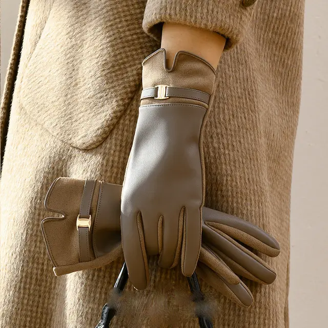 Personality Fleece lined PU Gloves For Women Brown - Shop at LoveMi