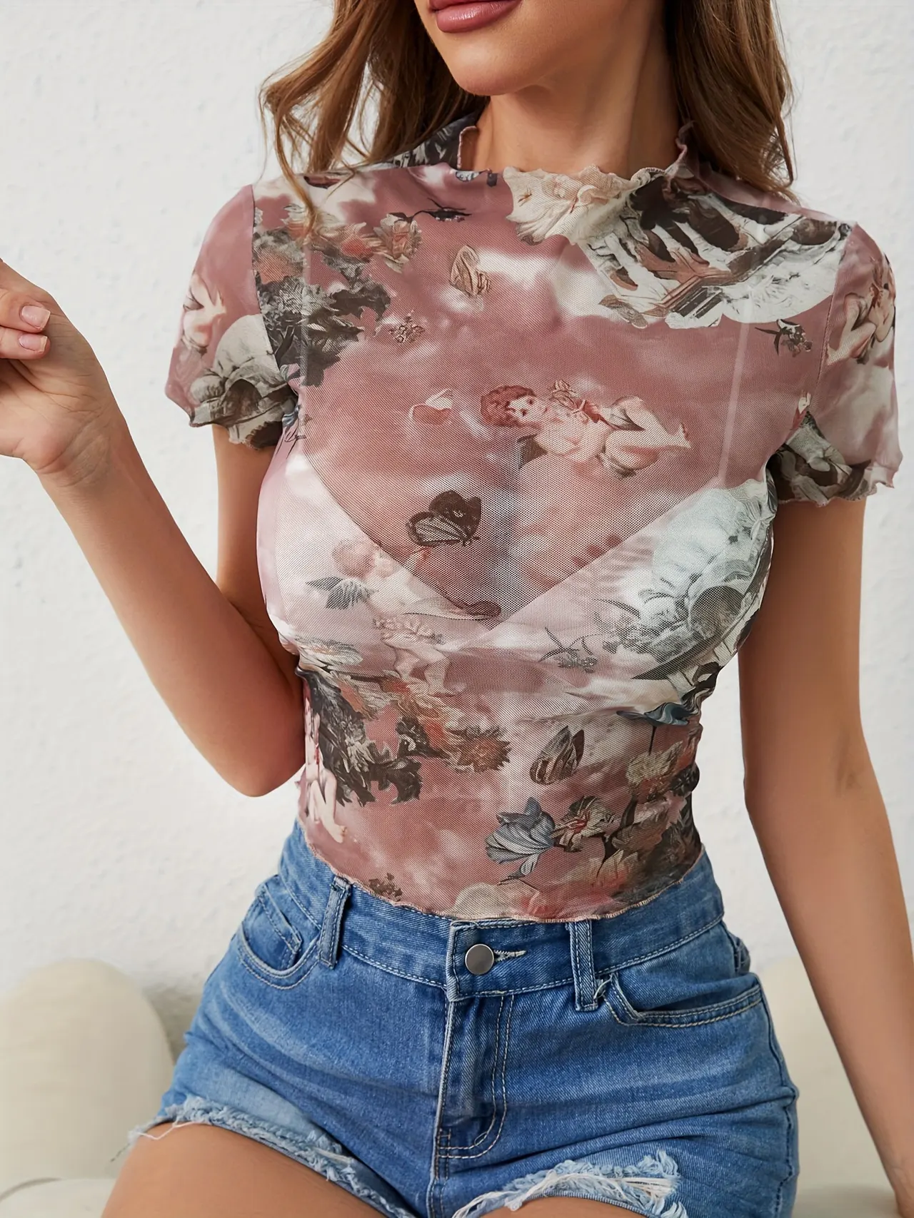Elegant Mesh Floral Print Top Women's Clothing - Lotus Root Color