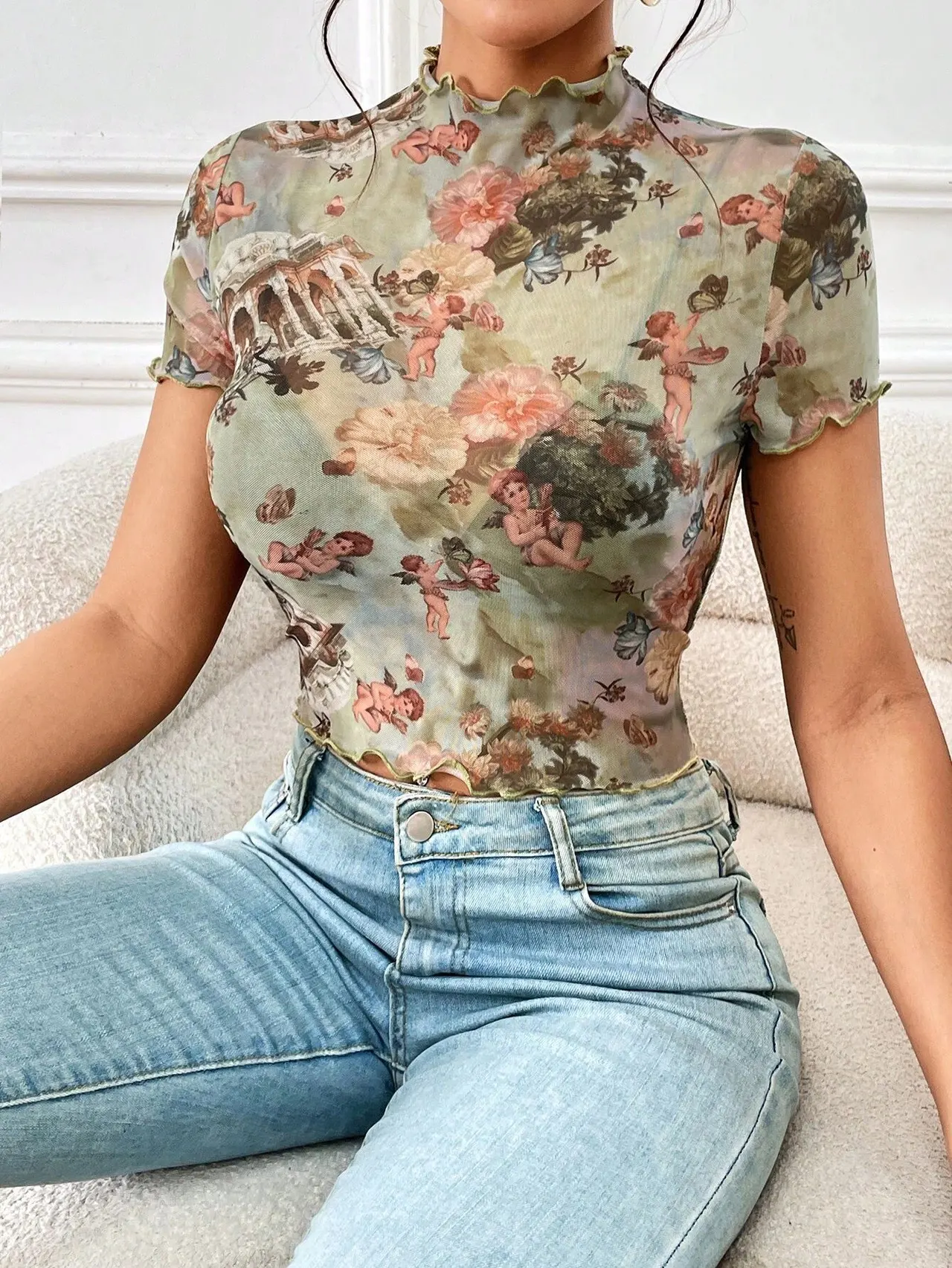 Elegant Mesh Floral Print Top Women's Clothing - Matcha