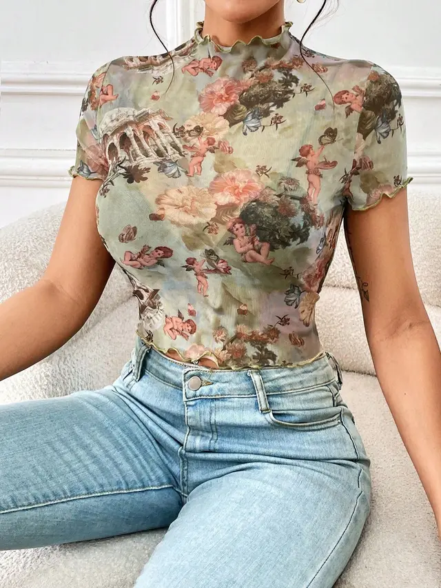 Elegant Mesh Floral Print Top Women's Clothing Matcha - Shop at LoveMi