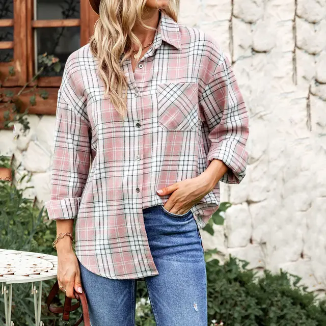 Plaid Long Sleeve Pocket Button Shirt Mid length Pink - Shop at LoveMi