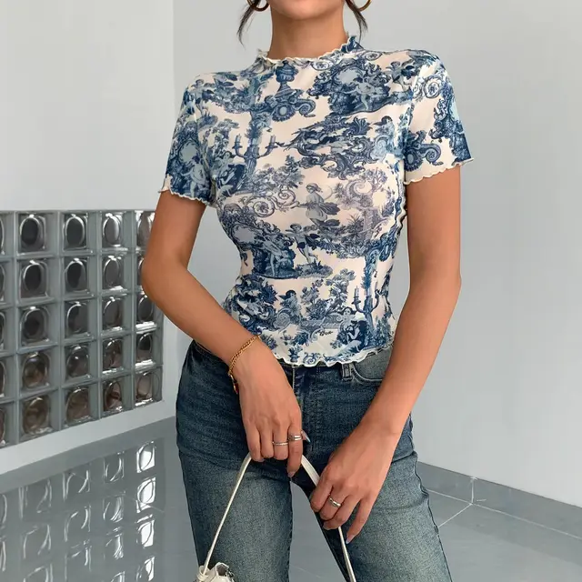 Fashion Elegant Mesh Floral Print Top For Women Blue - Shop at LoveMi