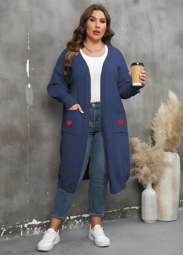 Women's Plus Size Mid length Woven Love Double Pocket Lantern Sleeve Sweater Cardigan Purplish Blue - Shop at LoveMi