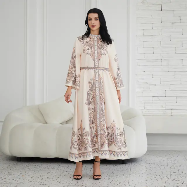 Stand Collar Printing Long Retro Muslim Dress Beige - Shop at LoveMi