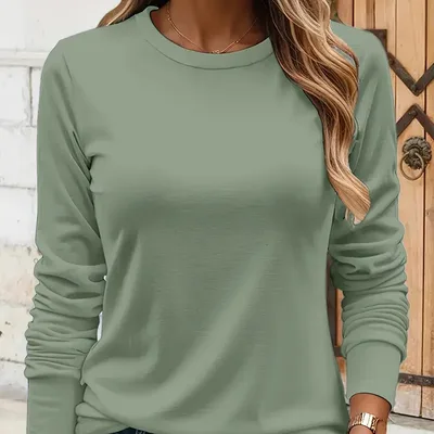 Unprinted Cotton Top Solid Color Casual Green - Shop at LoveMi