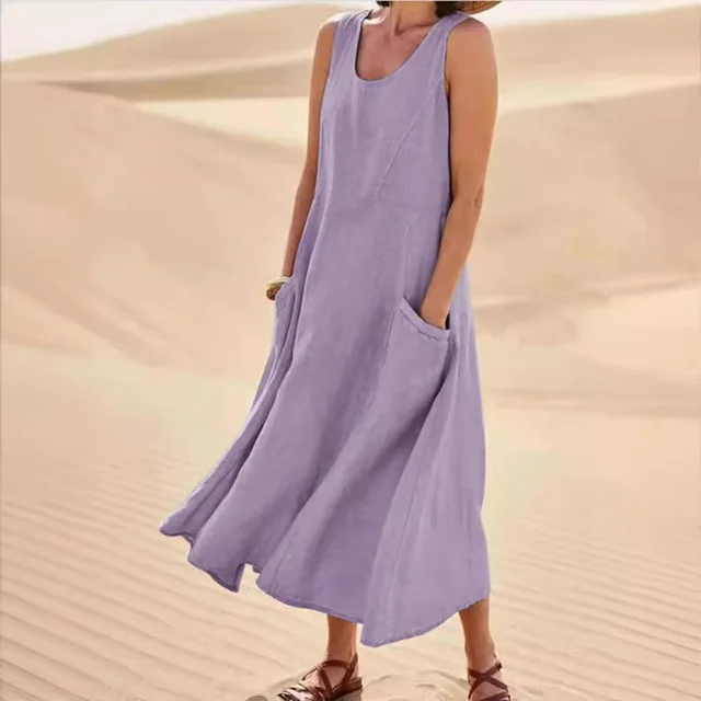 Pocket Sleeveless Round Neck Women's Cotton And Linen Dress Purple Sleeveless - Shop at LoveMi