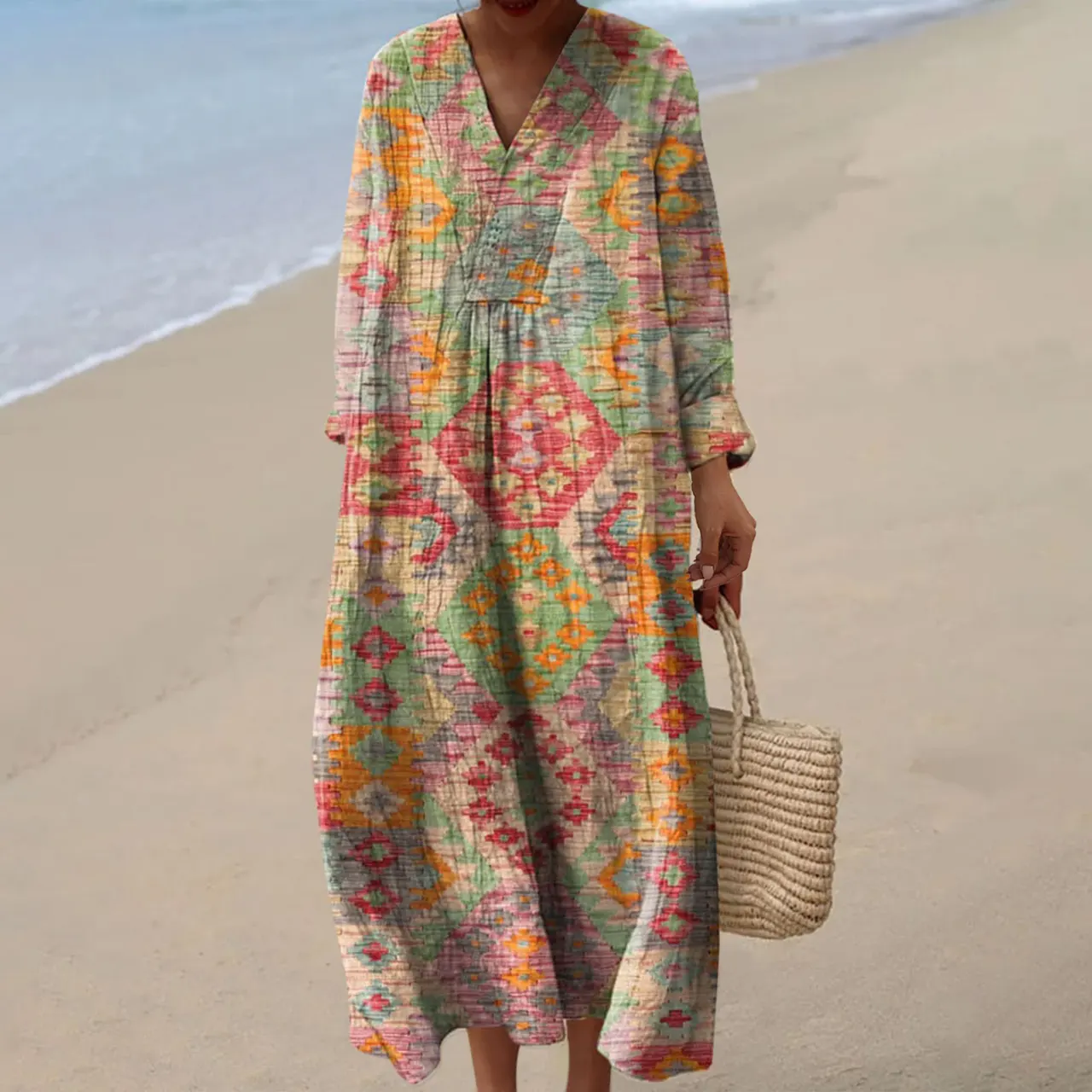 Women's Casual 3D Printed Floral Print Sleeved Long Dress - 61Style