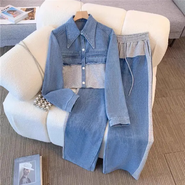 Two Pieces Stitching Suit Casual Suit Denim Gray - Shop at LoveMi