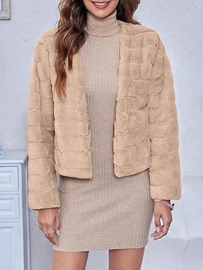Faux Fur Long Sleeve Front Cardigan Short Coat Apricot - Shop at LoveMi