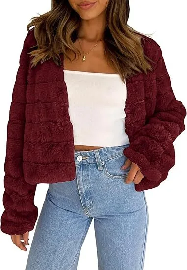 Faux Fur Long Sleeve Front Cardigan Short Coat Wine - Shop at LoveMi