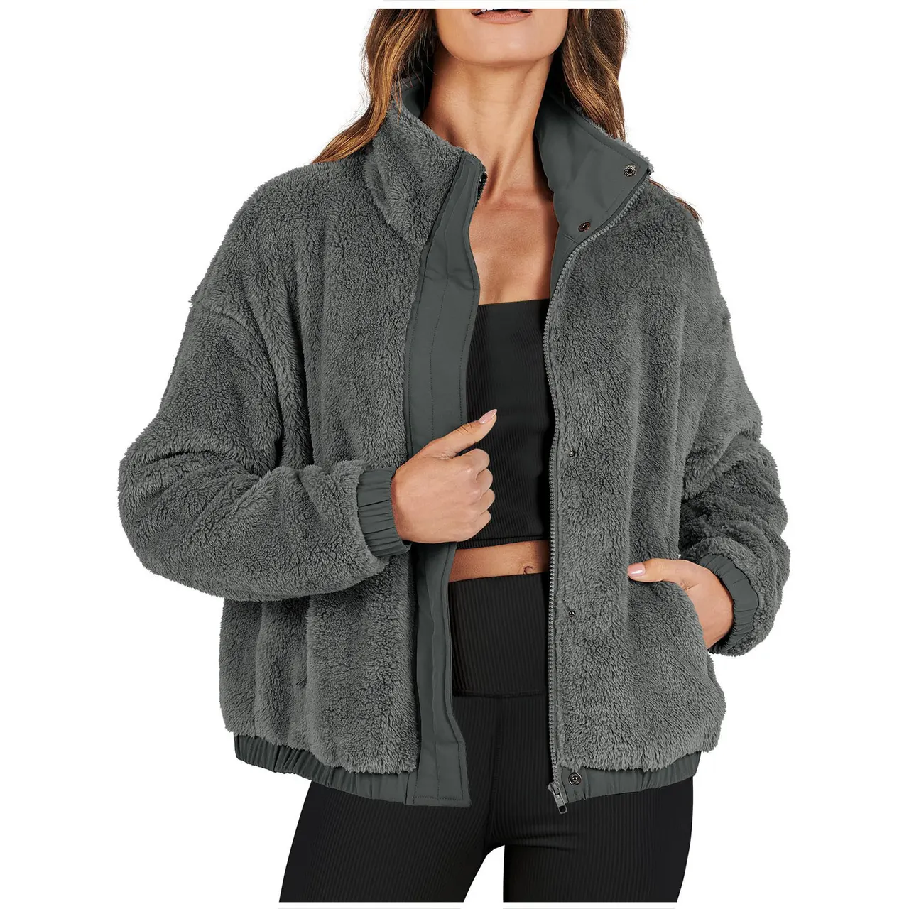 Loose Casual Jacket Soft Plush Warm Jacket - Gray