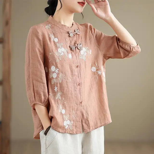 Knots Embroidered Women's Three quarter Sleeve Cotton And Linen Top Pink - Shop at LoveMi