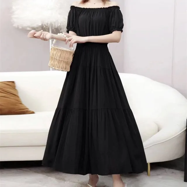 Solid Color Wide Hem Cotton Silk Vacation Style Long Bohemian Dress Black - Shop at LoveMi