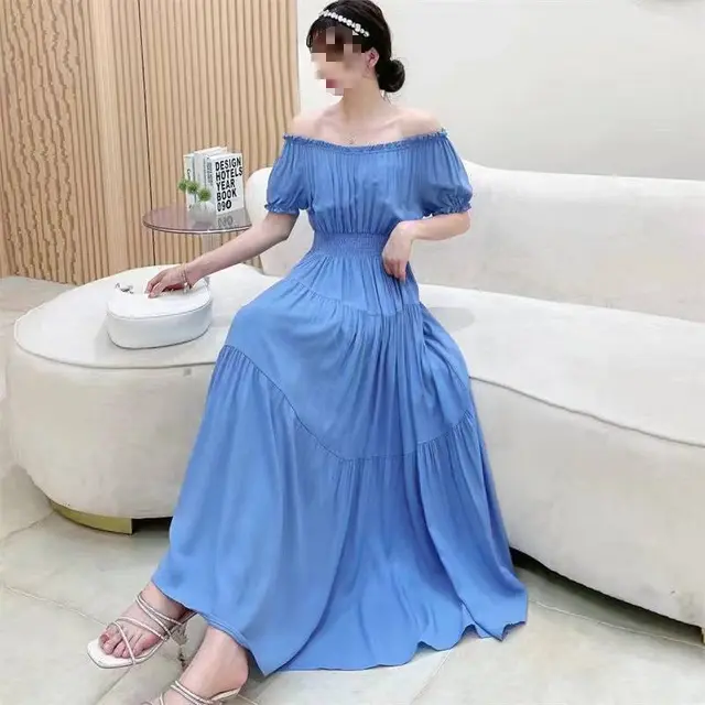 Solid Color Wide Hem Cotton Silk Vacation Style Long Bohemian Dress Blue - Shop at LoveMi