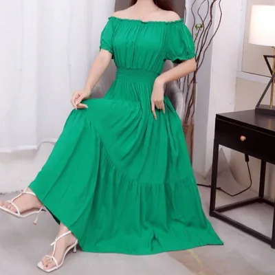 Solid Color Wide Hem Cotton Silk Vacation Style Long Bohemian Dress Light Green - Shop at LoveMi