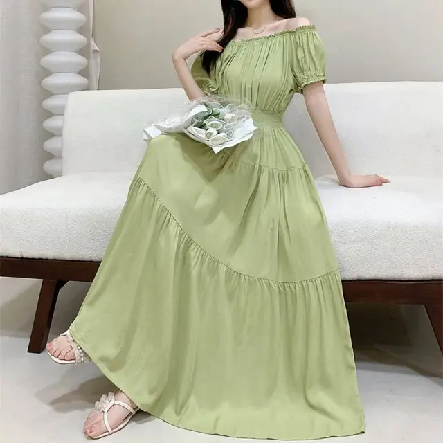 Solid Color Wide Hem Cotton Silk Vacation Style Long Bohemian Dress Matcha Green - Shop at LoveMi