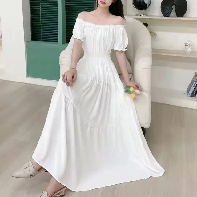 Solid Color Wide Hem Cotton Silk Vacation Style Long Bohemian Dress White - Shop at LoveMi