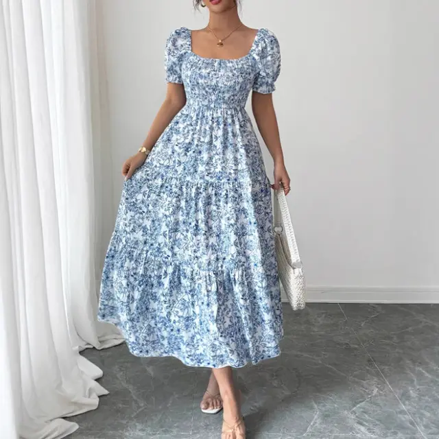 Elegant Idle Style Printed Square Collar Loose Long Puff Sleeve Dress Blue - Shop at LoveMi