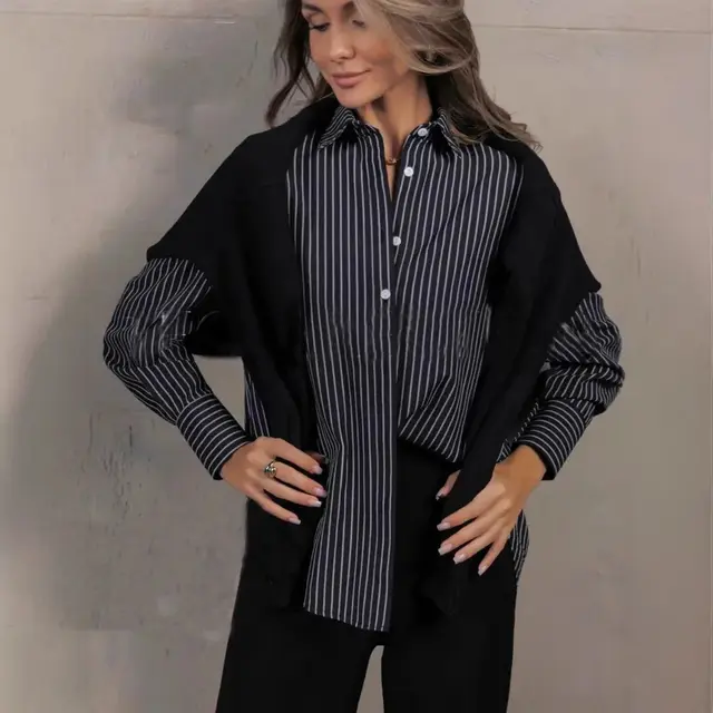 Women's Plus Size Striped Work Casual Long Sleeve Shirt Black - Shop at LoveMi