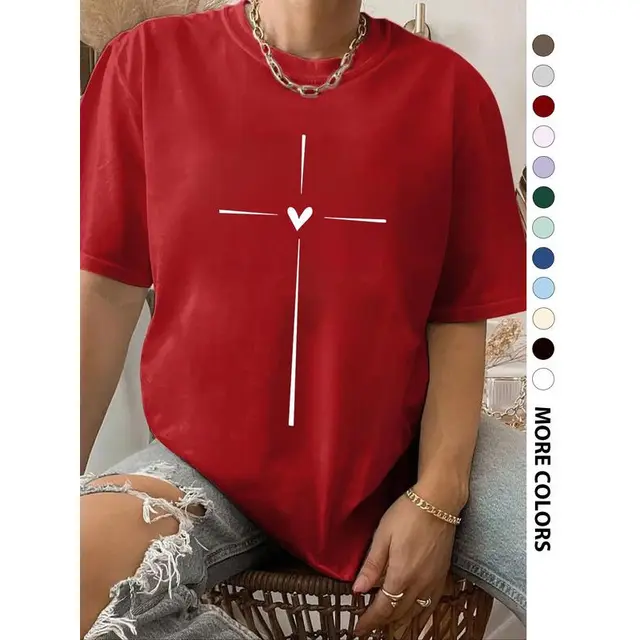 Women's Cross Heart Print Round Neck Tee Graphic Tees T shirt Red - Shop at LoveMi
