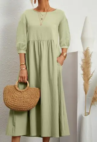 Lantern Sleeve Loose Cotton And Linen Pocket Dress - Green