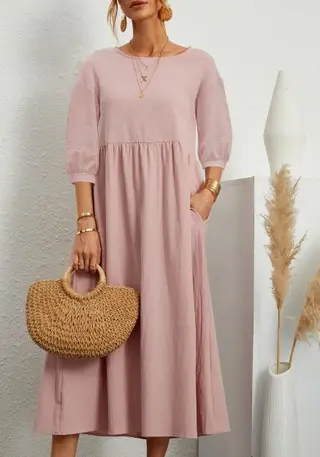 Lantern Sleeve Loose Cotton And Linen Pocket Dress - Pink
