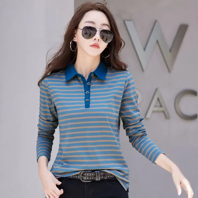 Cotton Button Temperament Korean style Slim Blouse Blue Stripes - Shop at LoveMi