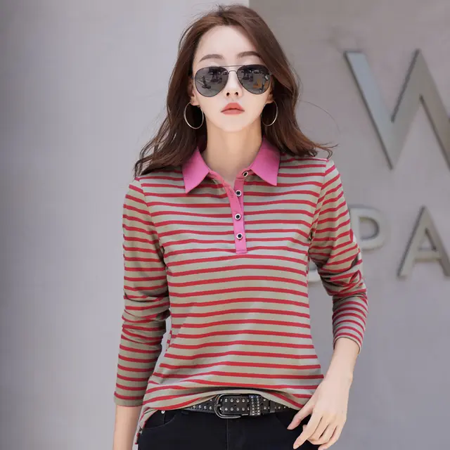 Cotton Button Temperament Korean style Slim Blouse Red Stripes - Shop at LoveMi
