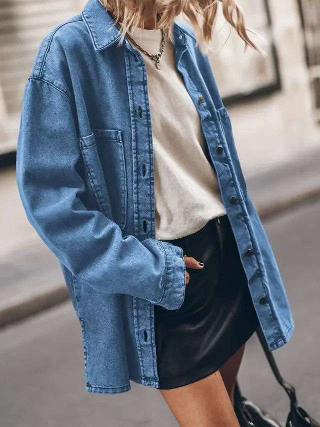 Personalized Large Pocket Loose Denim Shirt Blue - Shop at LoveMi