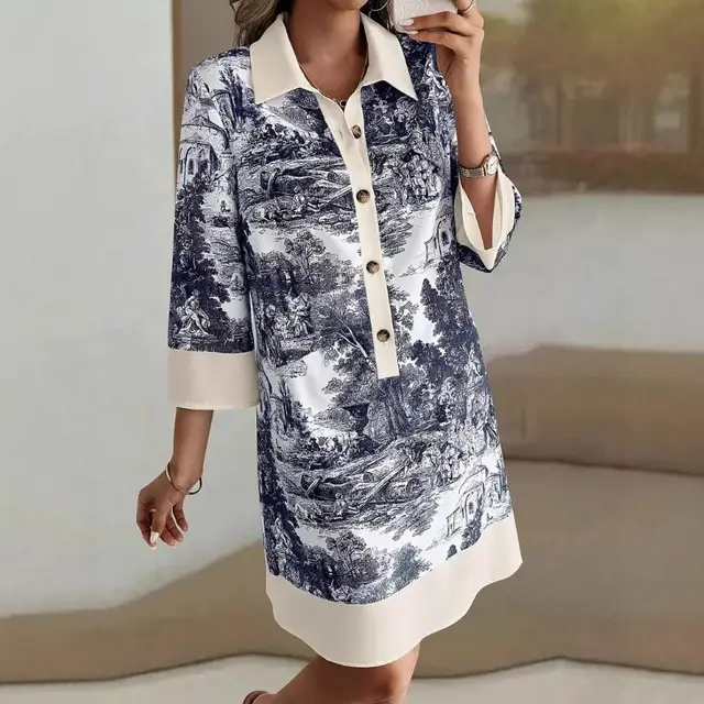 Autumn Half sleeve Printed Loose And Elegant Shirt Dress Gray Grey - Shop at LoveMi