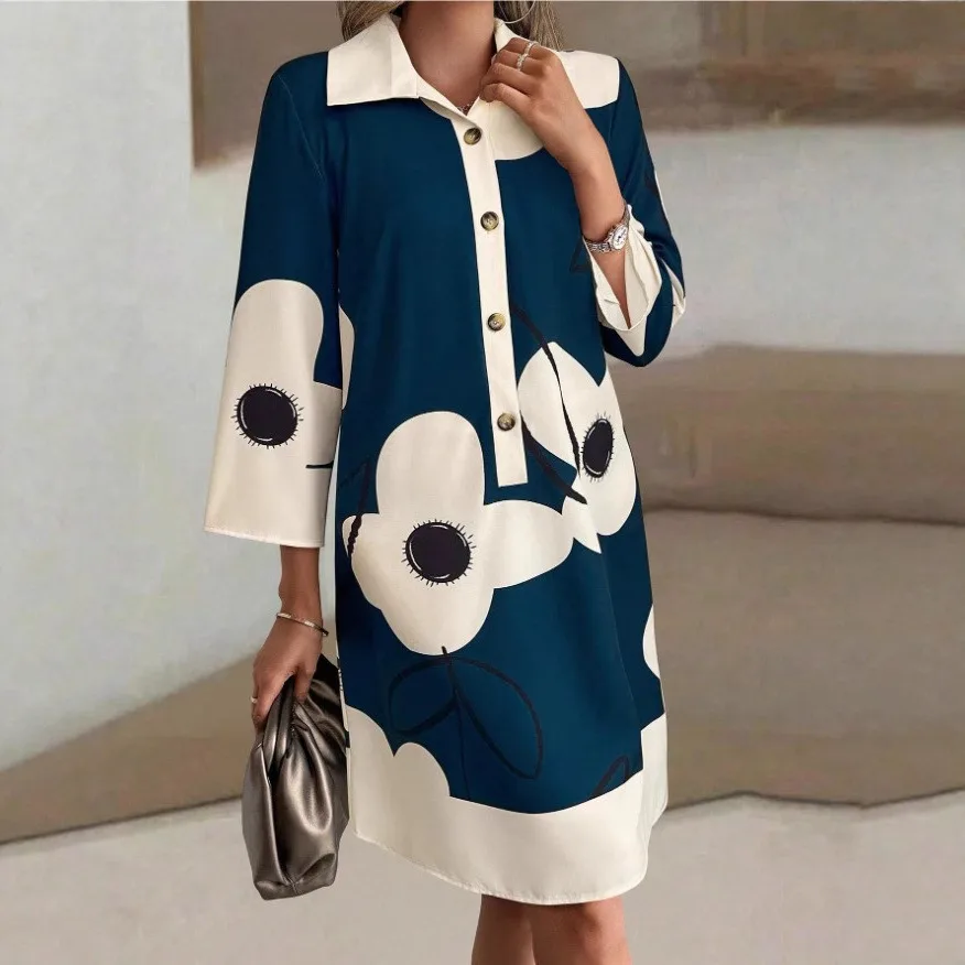 Autumn Half-sleeve Printed Loose And Elegant Shirt Dress - Navy Blue