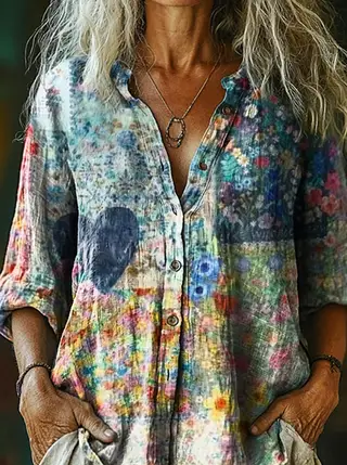 Women's Retro Pattern Print Casual Cotton Linen Shirt - Light Blue