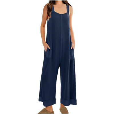 Women's Casual Loose Jumpsuit Sleeveless U neck One piece Dark Blue - Shop at LoveMi