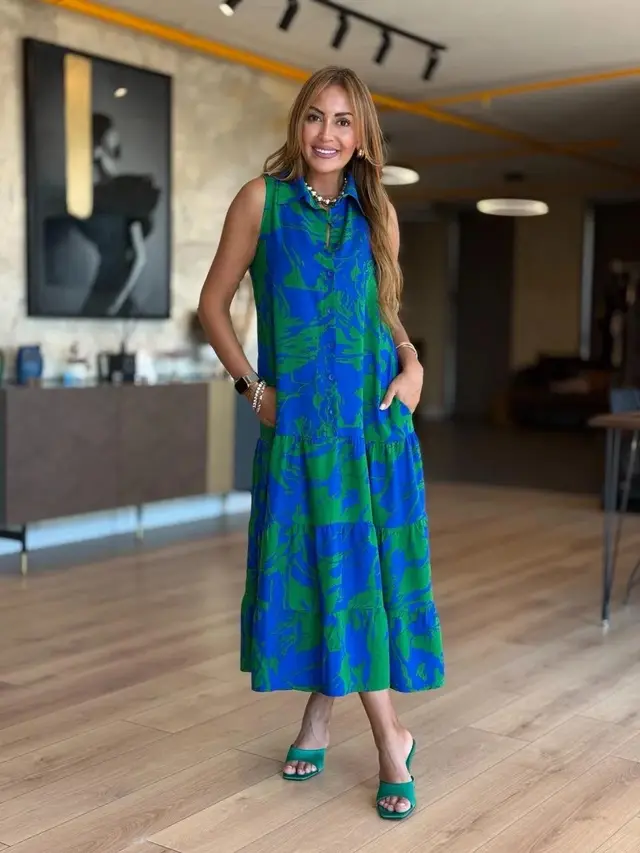 Fashion V neck Sleeveless Printed Bohemian Dress Green - Shop at LoveMi