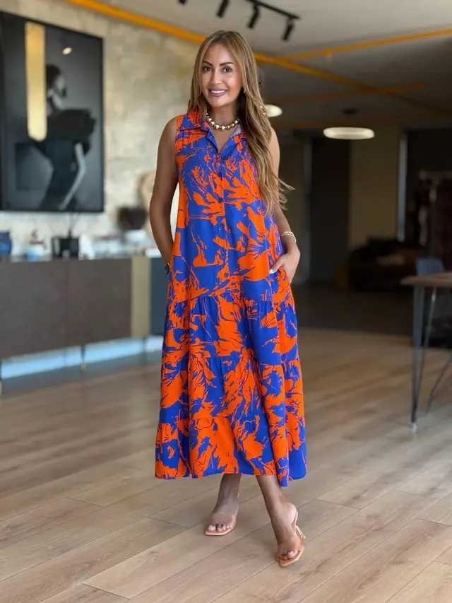 Fashion V neck Sleeveless Printed Bohemian Dress Orange - Shop at LoveMi