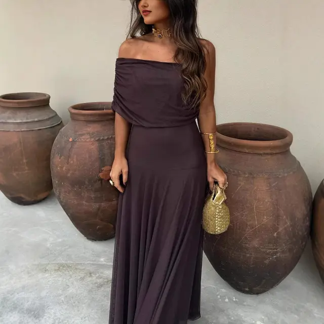 Women's Tube Top Mesh Slim Fit Patchwork Temperament Dress Coffee Color - Shop at LoveMi