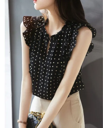 Sleeveless Ruffled Floral Women's Loose Sweet Chiffon Printed Top Black - Shop at LoveMi