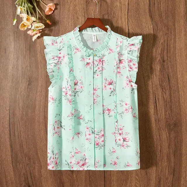 Sleeveless Ruffled Floral Women's Loose Sweet Chiffon Printed Top No 2 Color - Shop at LoveMi