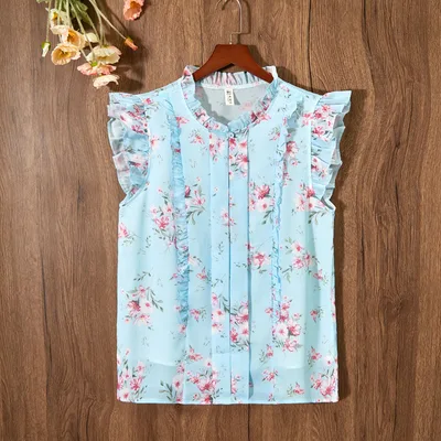 Sleeveless Ruffled Floral Women's Loose Sweet Chiffon Printed Top No 3 Color - Shop at LoveMi