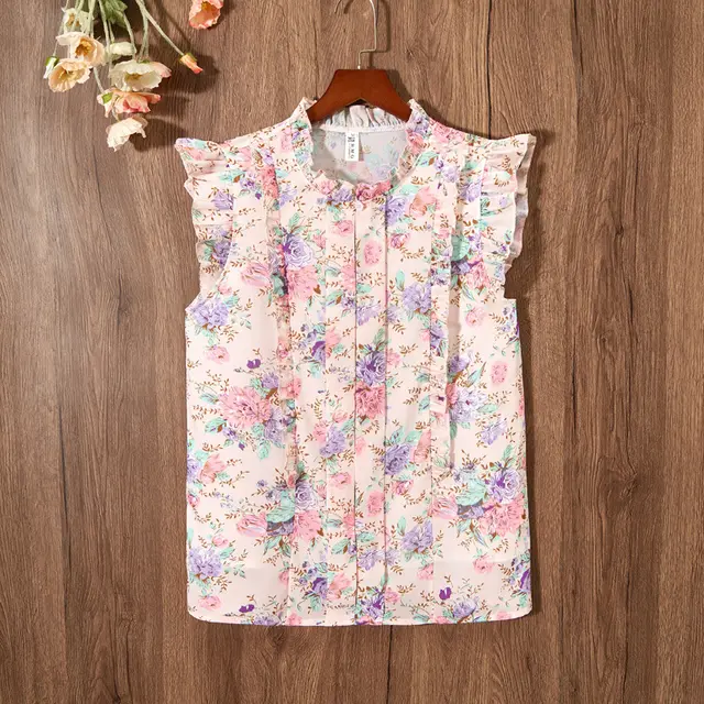 Sleeveless Ruffled Floral Women's Loose Sweet Chiffon Printed Top No9 Color - Shop at LoveMi